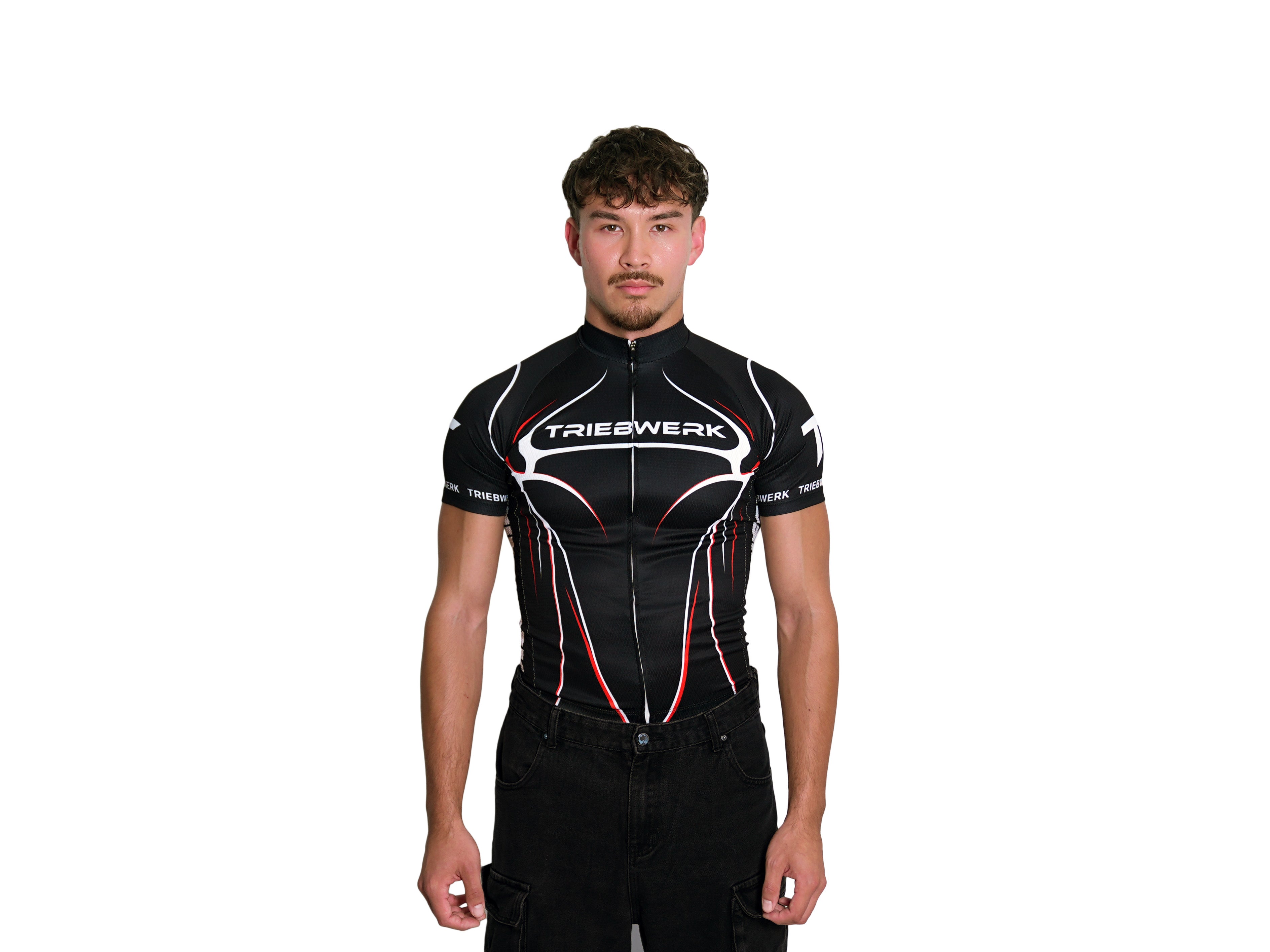 Person wearing a black cycling jersey with 'Trieswerk' branding on a white background